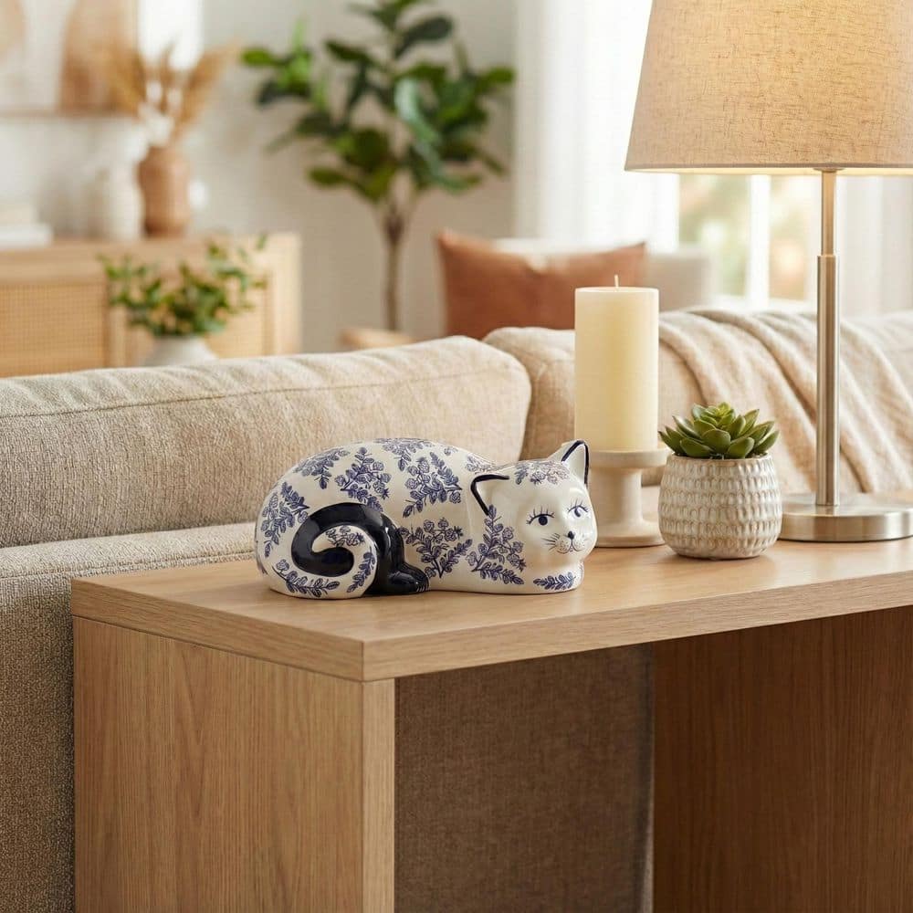 Liv & Skye Blue 9 in. x 4 in. Ceramic Cat Chinoiserie Vintage