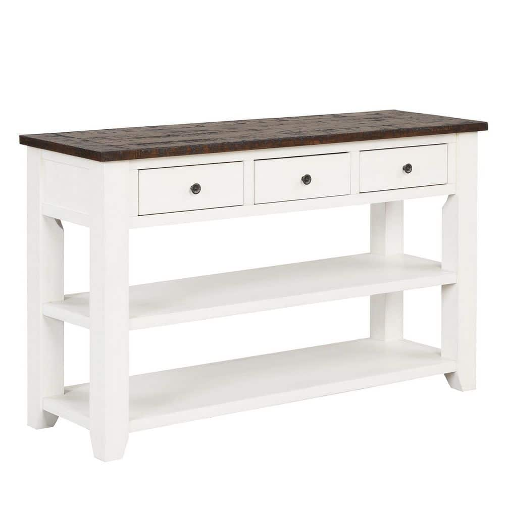 48 in. Antique White and Brown Top Rectangle Pine Wood Console Table Sofa  Table with 3 Storage Drawers and 2 Shelves EC-CTWB-9311 - The Home Depot