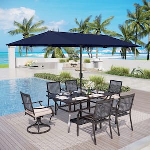 Black 8-Piece Metal Patio Outdoor Dining Set with Navy Umbrella and Swivel Chairs with Beige Cushions