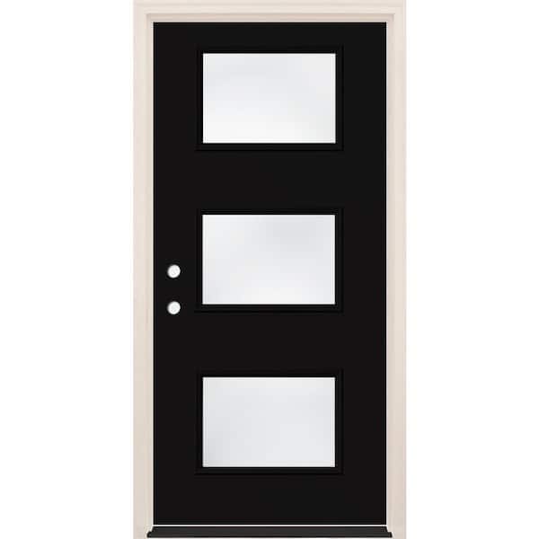 Builders Choice 36 in. x 80 in. Right-Hand/Inswing 3-Lite Clear Glass Onyx Painted Fiberglass Prehung Front Door w/6-9/16 in. Frame