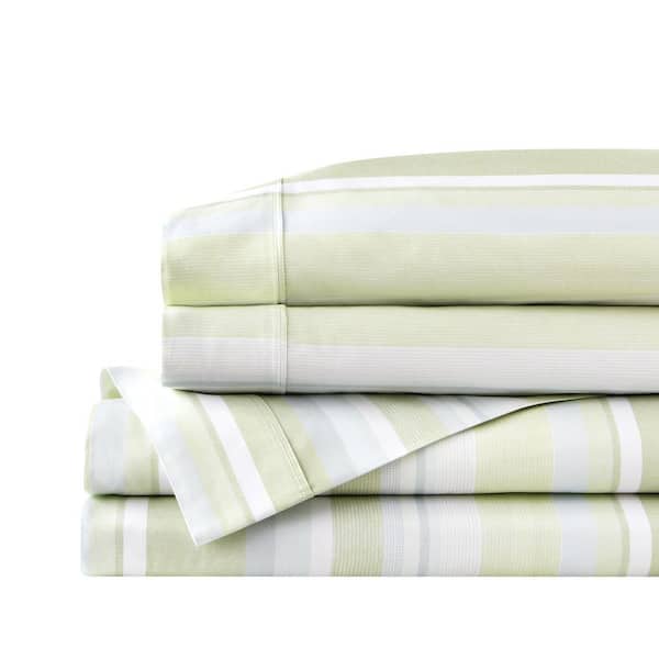 Home Decorators Collection 300 Thread Count Cotton Sateen Green and Blue Stripe 4-Piece Full Printed Sheet Set