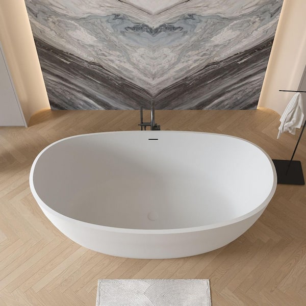 Moray 61 in. x 31.5 in. Solid Surface Stone Resin Flatbottom Freestanding Bathtub Soaking Bathtub in Matte White