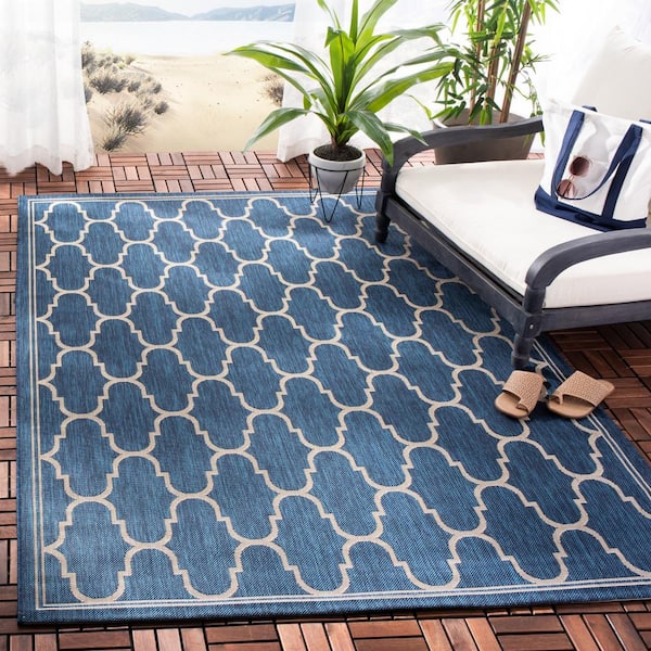 Courtyard Navy/Beige 8 ft. x 11 ft. Border Indoor/Outdoor Patio  Area Rug