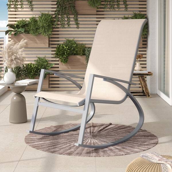 CORVUS Antonio Gray Metal Outdoor Rocking Chair with Taupe Sling Fabric