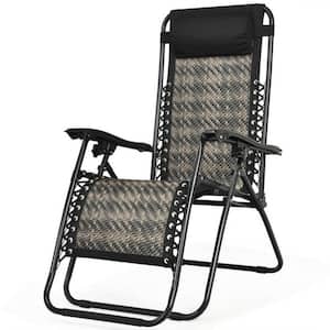 Folding Rattan Zero Gravity Outdoor Lounge Patio Chair Recliner in Gray with Removable Head Pillow