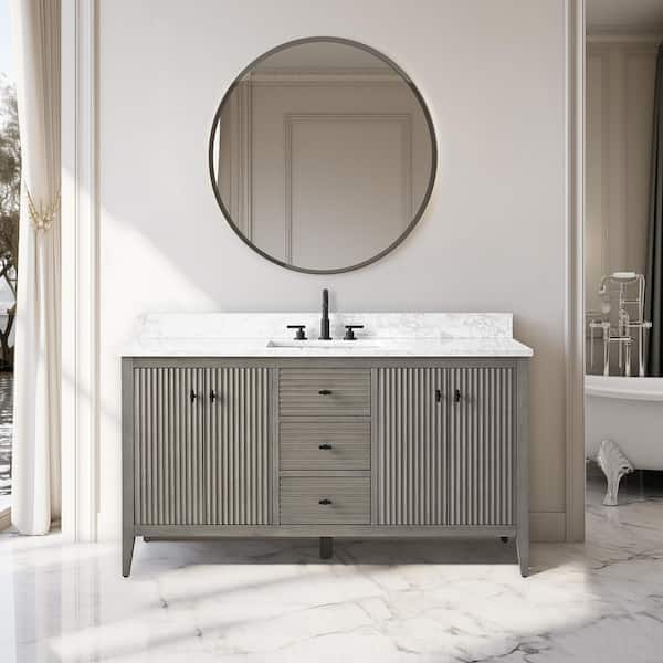 Vanity Art 60 in. W x 22 in D x 38 in. H Single Sink Bath Vanity Cabinet in Linear Driftwood Gray with White Engineered Marble Top
