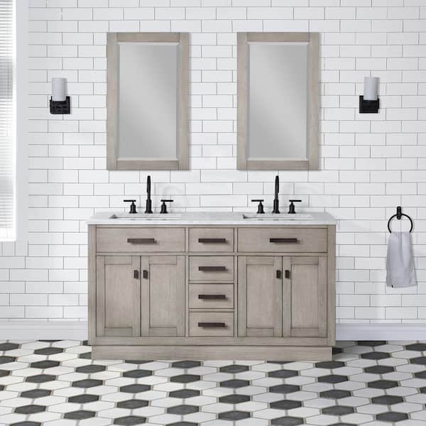 Water Creation Chestnut 60 in.W x 21.5 in.D x 34.2 in.H Double Sink Bath Vanity in Grey Oak with Carrara White Marble Top and Mirrors