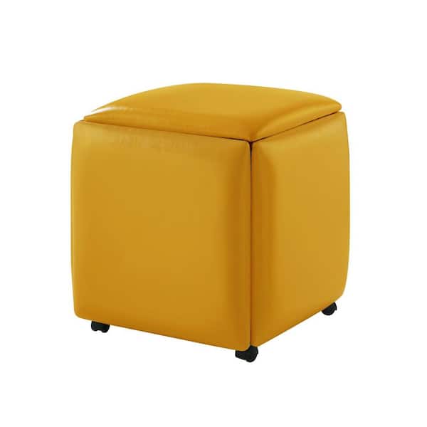 HomeRoots Yellow Faux leather Square Cube 17.5L x 17.5W x 18.3H Ottoman