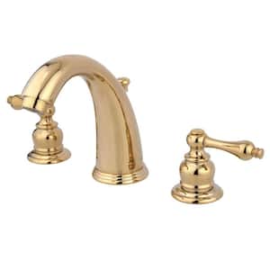 Victorian 2-Handle 8 in. Widespread Bathroom Faucets with Plastic Pop-Up in Polished Brass