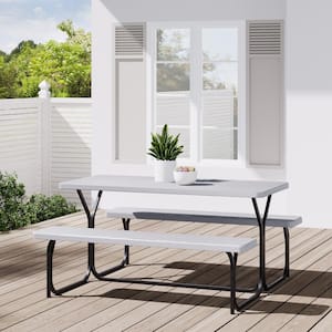 4.5 ft. Rectangular Outdoor Picnic Table Bench Set with 59 in. W Weatherproof Tabletop and Sturdy Steel Frame, Gray
