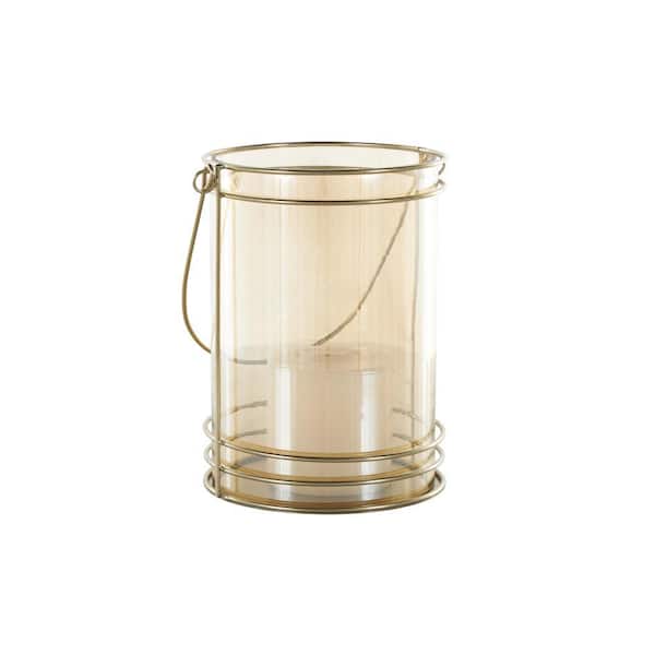 Gold Metal Candle Lantern with Thin Circular Rods and Tinted Glass
