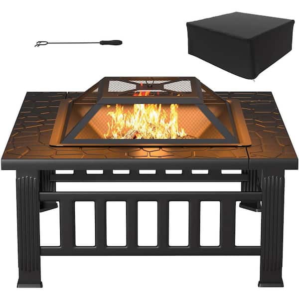 Patio,Bonfire and Camping Wood Burning Firepit with Waterproof Cover,Spark Screen and Grill Metal Square Firepits for Backyard,Garden 32inch Outdoor Fire Pit Table 