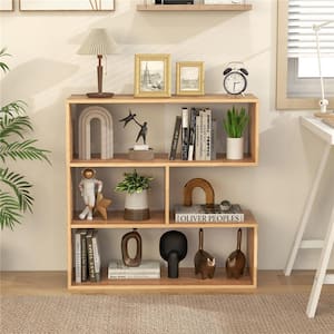 33 in. Tall Natural Engineered Wood 3-Shelf Accent Bookcase with Anti-Toppling Device Freestanding Concave