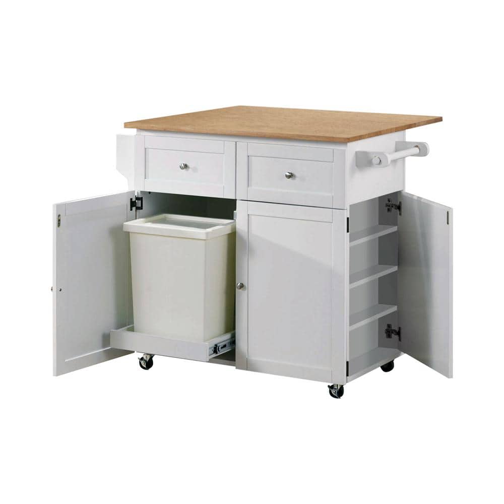 Brown and White Rectangular Drop Leaf Kitchen Cart with Butcher Block