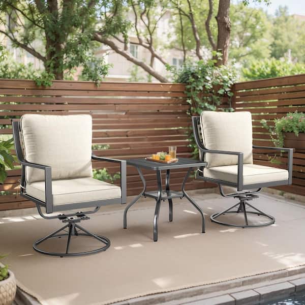 BaliSpin 3-Piece Swivel and Rocking Black Metal Frame and Gray Wicker Outdoor Dining Set with Olefin Beige Cushions