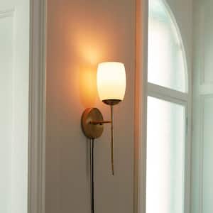 Raoul 1-Light Matte Brass Plug-In or Hardwire Wall Sconce with Opal Glass Shade