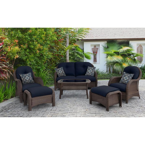 Hanover Newport 6-Piece All-Weather Wicker Woven Patio Seating Set with Navy Blue Cushions