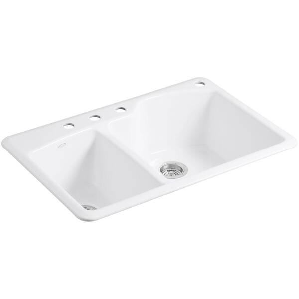 KOHLER Wheatland Drop-In Cast-Iron 33 in. 4-Hole Double Bowl Kitchen Sink in White