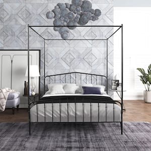 Detachable Black Metal Frame Queen Size Canopy Bed, Queen Size Platform Bed With Slat-shaped Headboard and Footboard