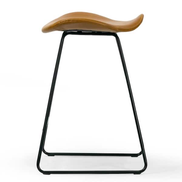 Aoi Brown Faux Leather Backless Counter Stool with Black Metal Legs (Set of 2)