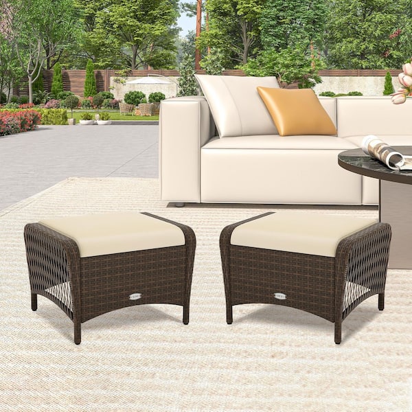 HONEY JOY 2-Piece Wicker Outdoor Ottoman Patio Rattan