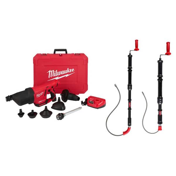 Milwaukee M12 12-Volt Lithium-Ion Cordless Drain Cleaning Airsnake Air Gun Kit, 6 ft. Toilet Auger and 4 ft. Urinal Auger