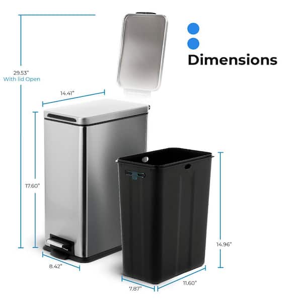 Home Zone Living 15.8 gal. Stainless Steel Step on Kitchen Trash Can with Dual Compartments and Soft Close Lids, Silver