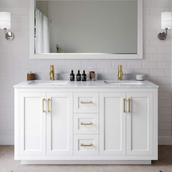 Wyndham Collection Miranda 60 in. W Double Bath Vanity in White with Marble Vanity Top in White Carrara with White Basins