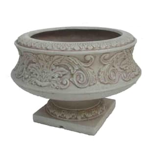 16.25 in. Dia Light Aged White Cast Stone Fiberglass Ornate Low Urn