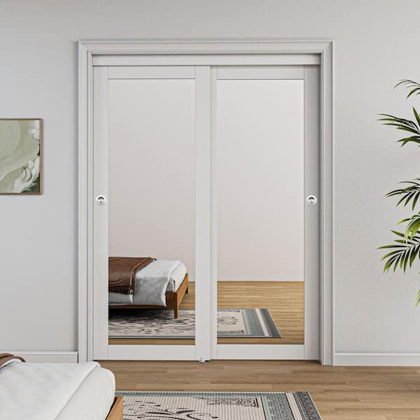 60 in. x 80 in. 1-Lite Mirror Glass White Finished MDF Interior Closet Sliding Door with Hardware and Handles