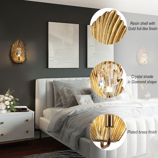 Diamond 1-Light Modern Glam Wall Sconce with Gold Shell, Crystal 8.7 in. Mid-century light for Bedroom, Living room