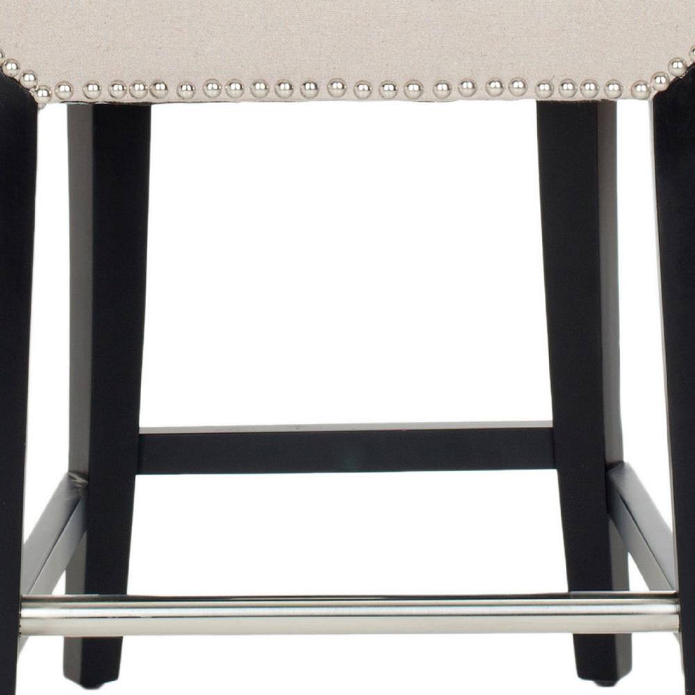 Transitional Beige Linen & Birch Wood Counter Stool with Nailhead Detail