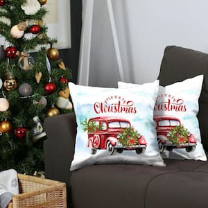 Decorative Christmas Car Throw Pillow Cover Square 18 in. x 18 in. White and Red for Couch, Bedding (Set of 2)