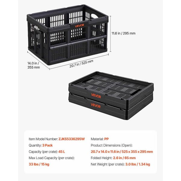 VEVOR Plastic Collapsible Storage Bins with Handles, Holds 33 lbs