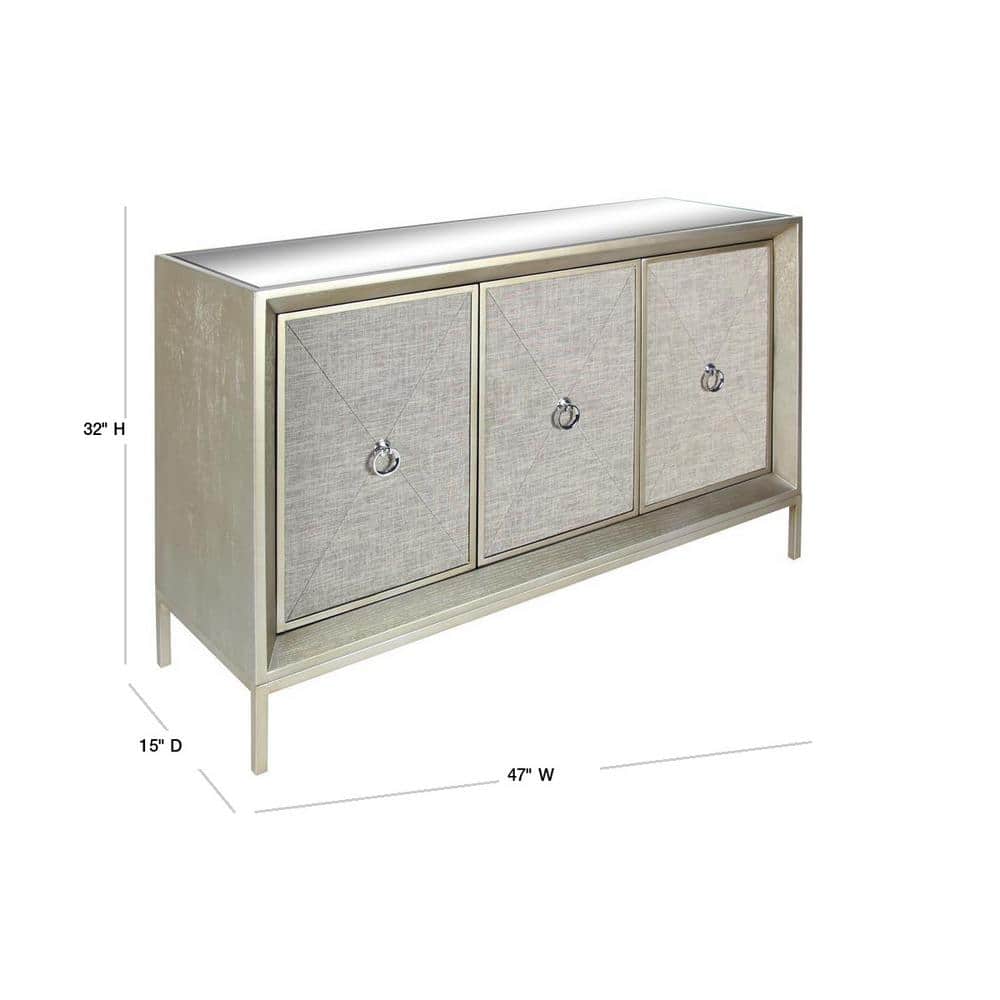 Gray Upholstered 3-Door Cabinet with Mirrored Top and Ring Handles