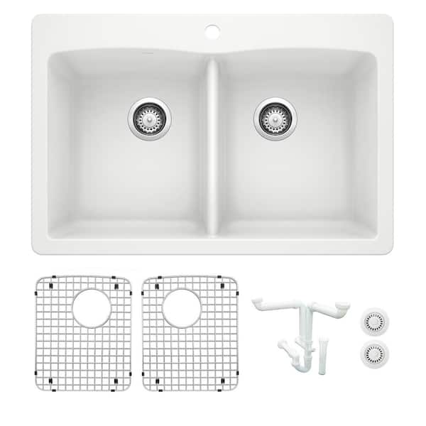 Blanco Diamond 33 in. Drop-in/Undermount Double Bowl White Granite Composite Kitchen Sink Kit with Accessories