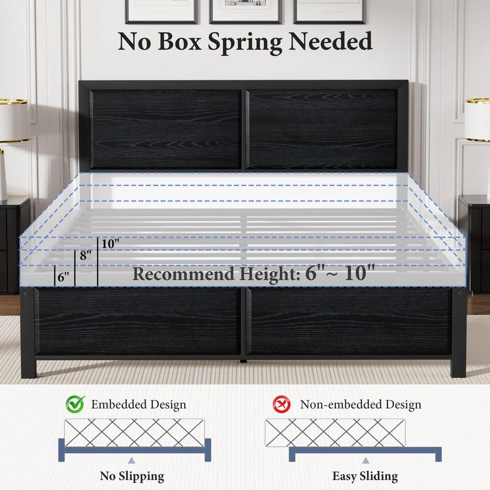 Metal Bed Frame Black Metal Frame Full Size Platform Bed with Rustic Country Style Wooden Headboard and Footboard - thumbnail 4