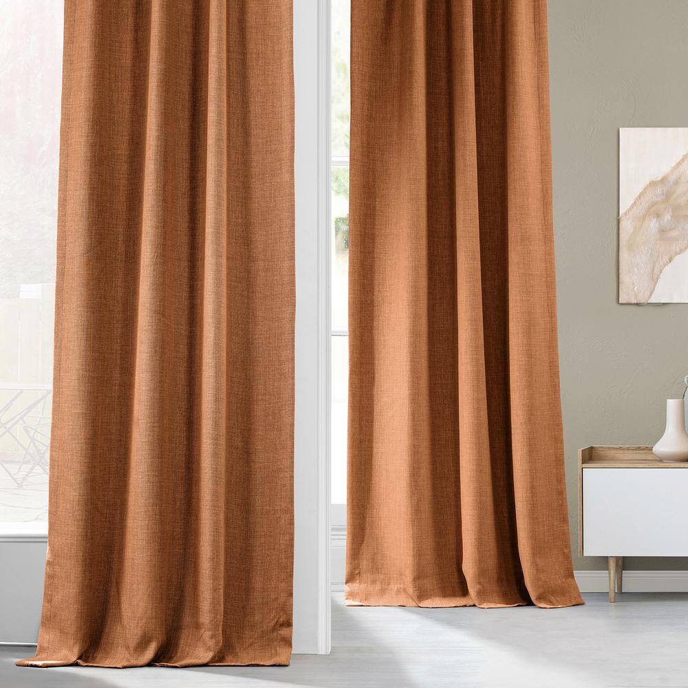 Desert Orange Faux Linen Blackout Puddle Length Curtain Panel
