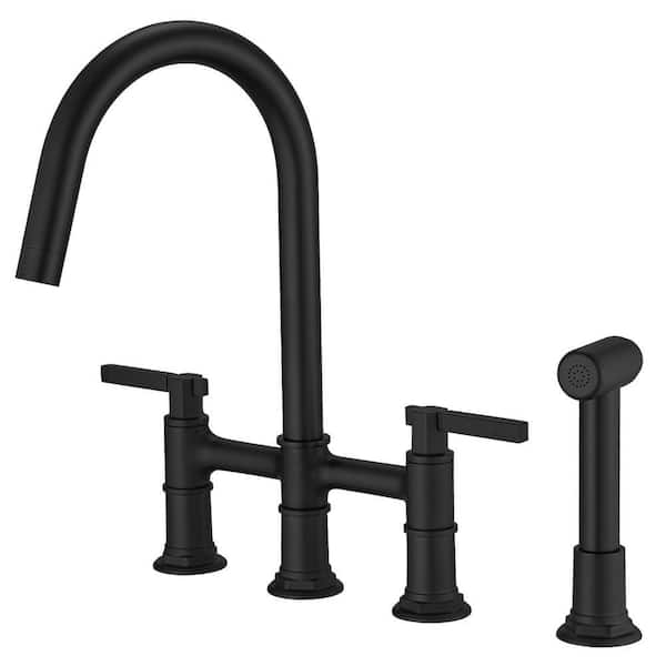 Double Handle Bridge Kitchen Faucet with Side Sprayer Brass Commercial Kitchen Sink Faucets 4-Holes in Matte Black