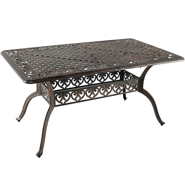 Gymax 59 in. Patio Rectangle Dining Table Outdoor Cast Aluminum Table with Umbrella Hole