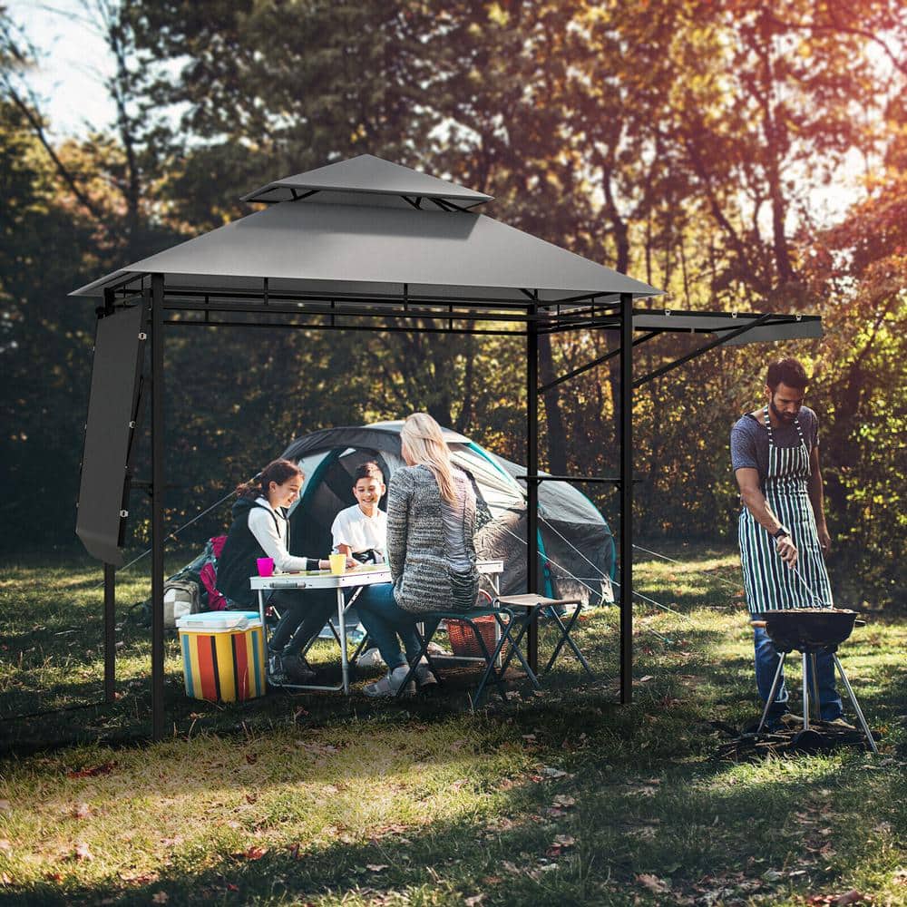 Gray Steel Outdoor BBQ Grill Gazebo with Dual Side Awnings