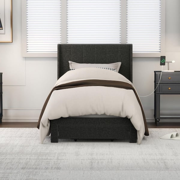 SUMMIT Twin Gray Upholstered Platform Bed with Wingback Headboardand, Metal Frame, Charging Ports and Storage Drawer