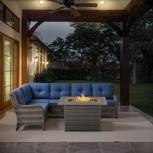 Gray 2-Piece Wicker Patio Fire Pit Set, Outdoor 6-Seater Sectional Seating Set with Olefin Navy Blue Cushions