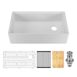 Gritty White 33 in. Farmhouse Apron Front Single Bowl Concrete Workstation Kitchen Sink with Accessories