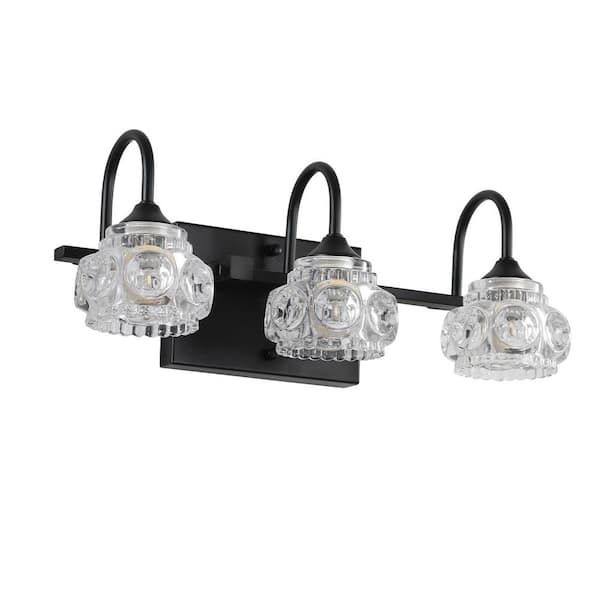 VEVETTA 17 in. 3-Light Vintage Black Wall Sconce Vanity Light with Clear Crystal Shade for Bathroom, Vanity Mirror (No Bulbs)