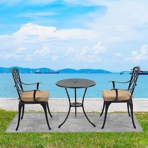 Black 3-Piece Aluminum Outdoor Bistro Table Set with Umbrella Hole and Grey Cushions