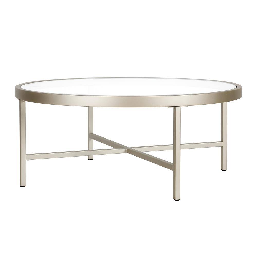 36" Round Satin Nickel Coffee Table with Glass Top
