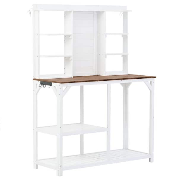 Unbranded 64.6 in. H White Outdoor Potting Bench Table with 6-Tier Shelves, Large Tabletop and Side Hook