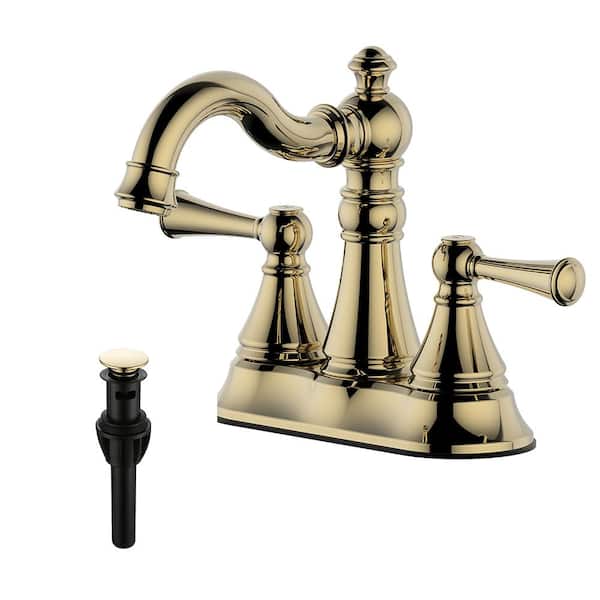 Cassic 4 in. Centerset Double Handle High Arc Bathroom Faucet with Push-Up Pop-Up Drain in Polished Brass