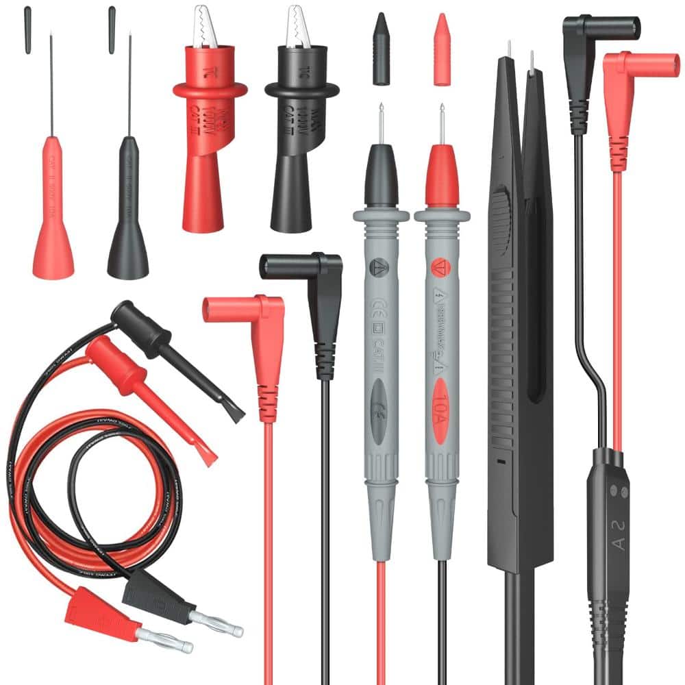 Electrical multimeter test leads set with silicone insulated probes and 2 mm alligator clips rated 1000V 10A